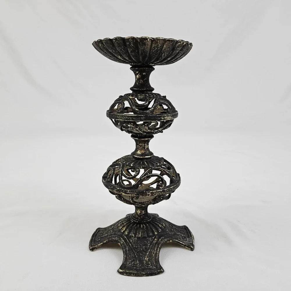Brass Filigree Candle Holder Pierced Pillar Candlestick Moroccan Boho Old Patina